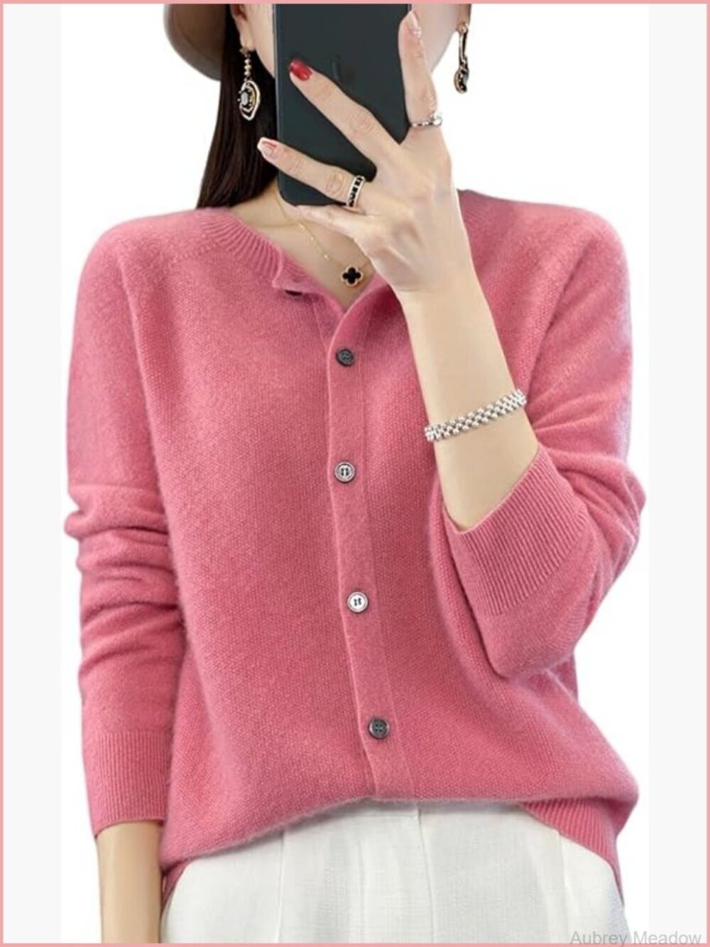 100% Merino Wool Sweater Women's Fall Winter Warm Knitted Crew Neck Cardigan